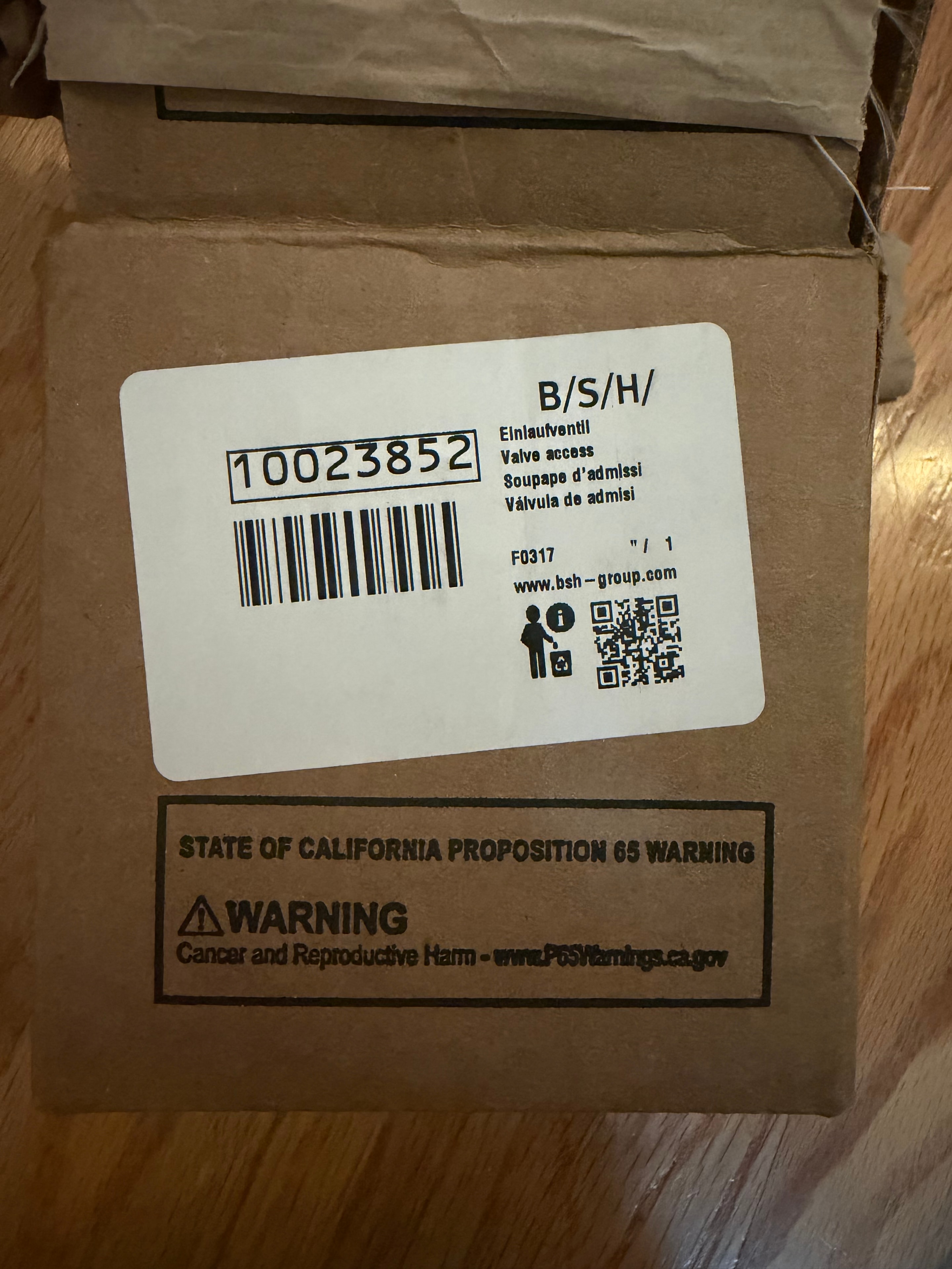 New OEM Bosch water inlet valve Part 10023852 in original packaging — Park Hill Denver repair