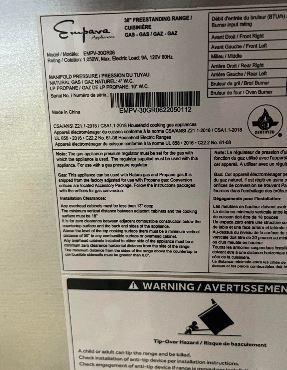 Empava gas range model label showing EMPV-30GR06 serial number and specifications — Park Hill Denver