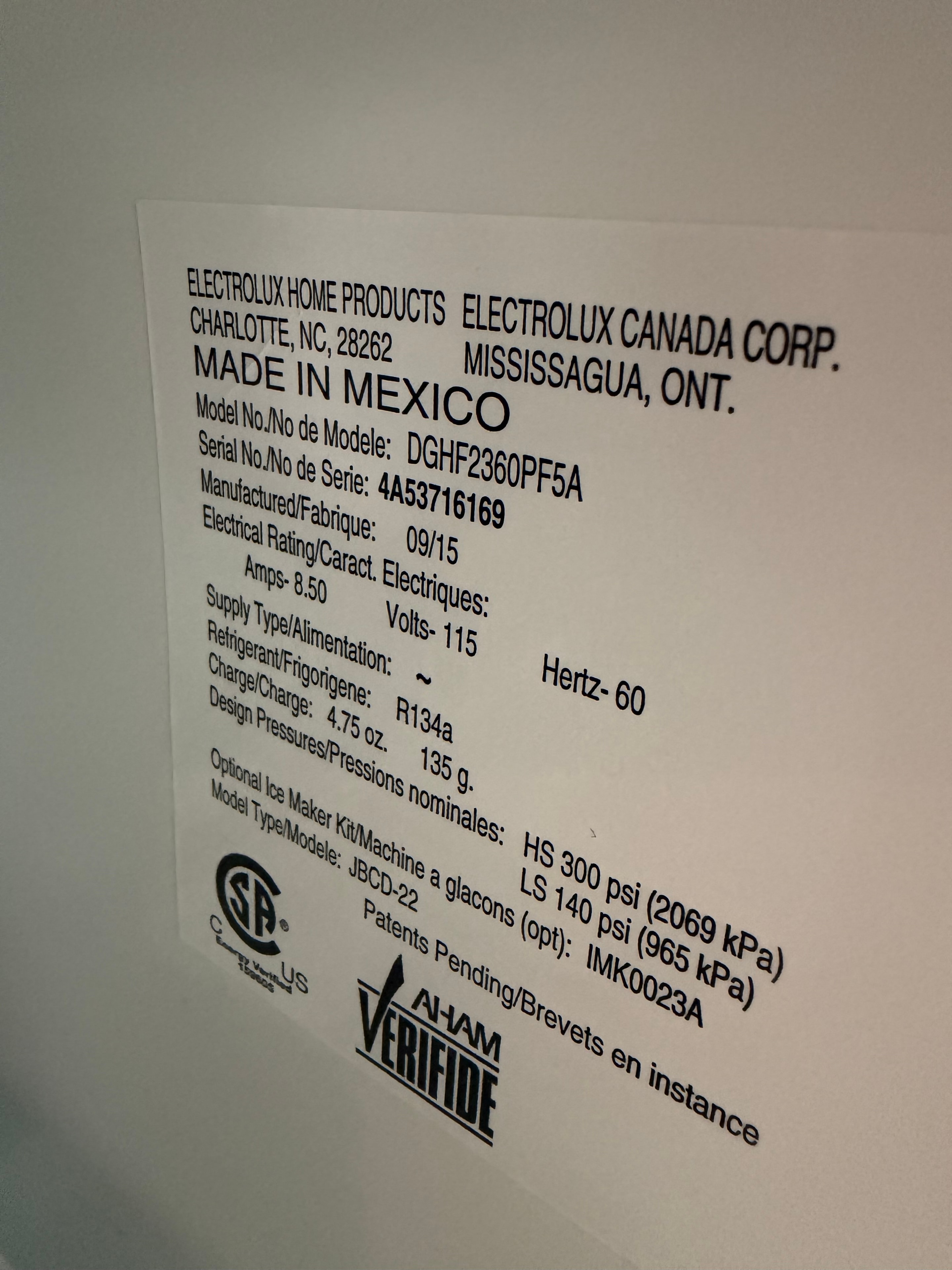 Frigidaire Gallery DGHF2360PF5A refrigerator model and serial number label
