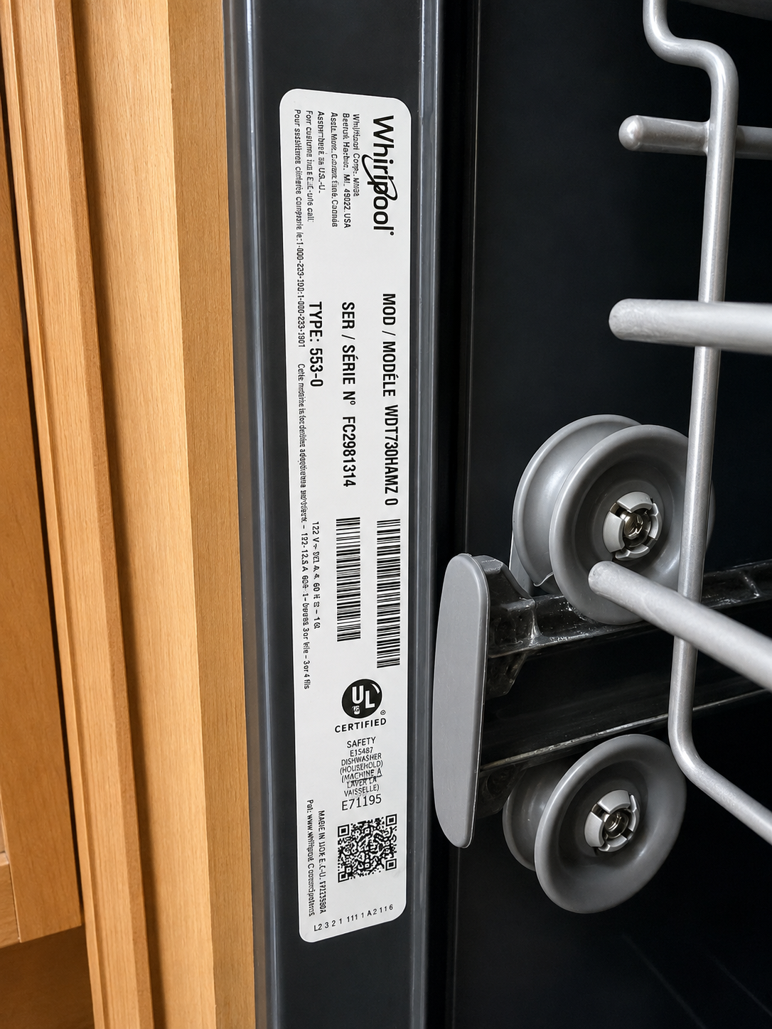 Whirlpool WDT730HAMZ0 model and serial number label — City Park Denver repair